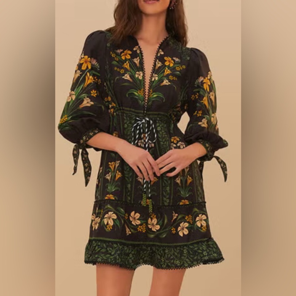 Farm rio black floral arch mini dress